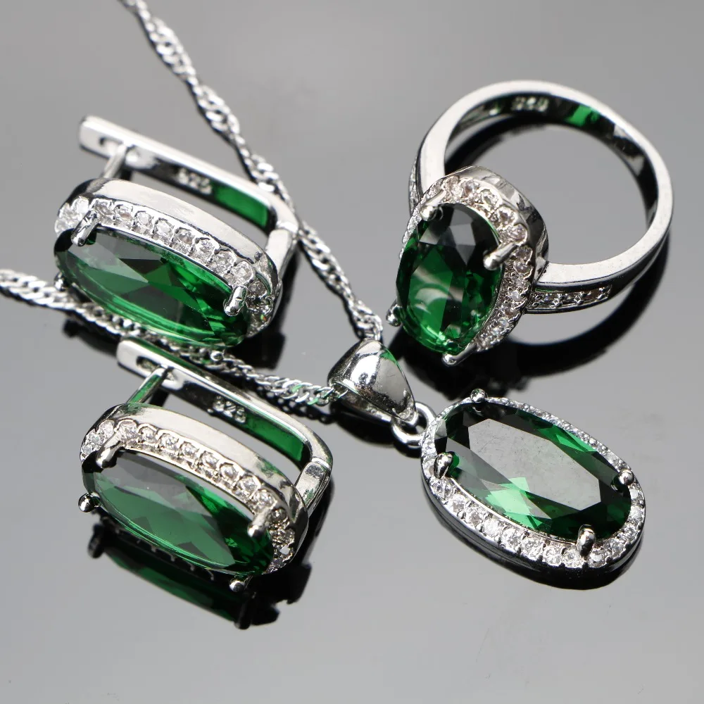 Зеленый Циркон женский серебряный 925 Костюм Свадебные Ювелирные наборы Кулон ожерелье кольца серьги с камнями набор ювелирных изделий Подарочная коробка