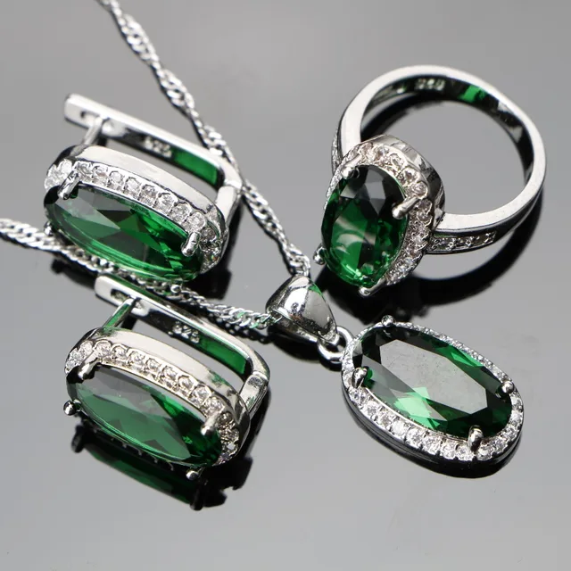 Green Zircon Women Silver 925 Costume Wedding Jewelry Sets Pendant Necklace Ring Green Zircon Women Silver 925 Costume Wedding Jewelry Sets Pendant Necklace Ring