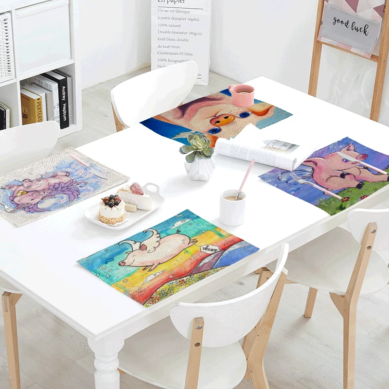 

Pink Flying Pigs Printed Table Napkins For Wedding Childlike Rainbow Bowl Dining Mats Tablecloth Home Kitchen Decoration 42*32cm