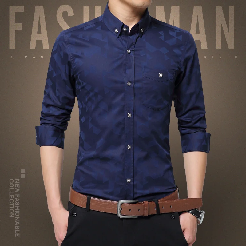 Men Dress Shirt Long Sleeve Slim 