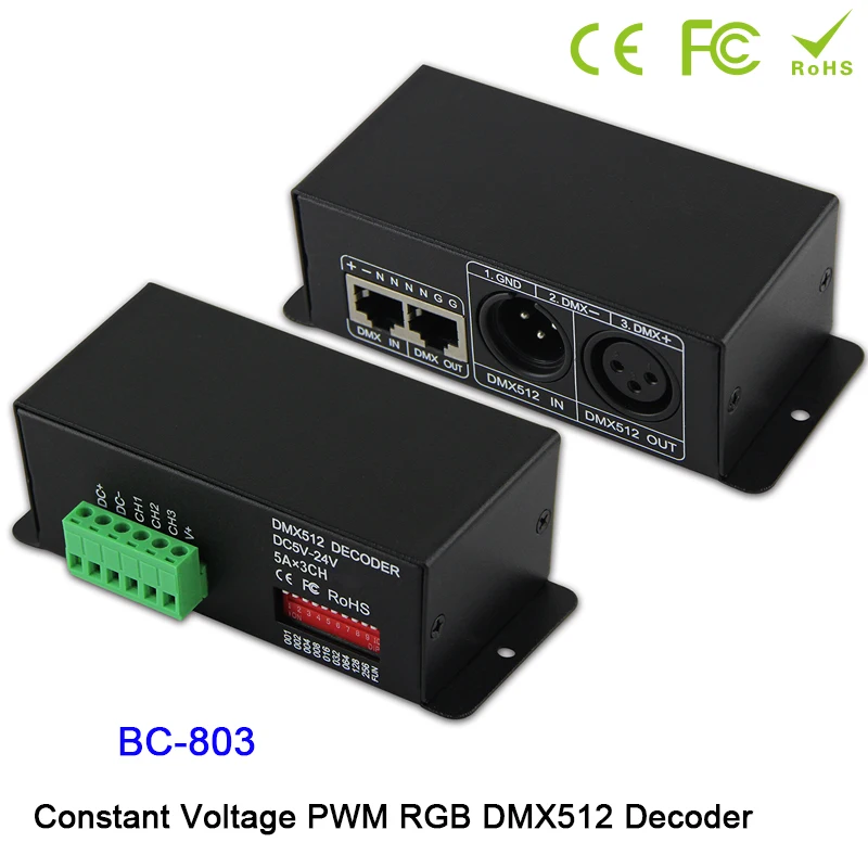 

BC-803 RGB DMX512 controller DC5V-24V 5A*3CH constant voltage PWM RGB DMX512 Decoder for RGB led strip led lamp wall washers