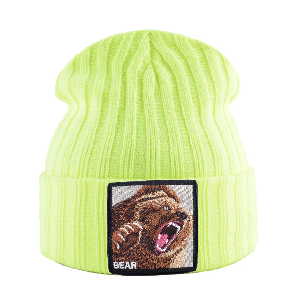 Вышивка медведь вязаные шапочки шляпа для мужчин сплошной цвет осень зима вязание МАЛЬЧИК Skullies шапки для женщин уличная Kpop Bonnet чепчик - Цвет: Yellow