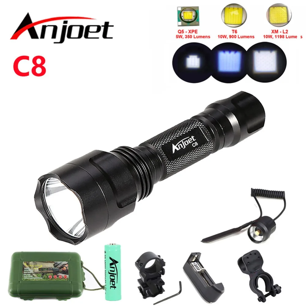 

Anjoet Sents Flashlight Linterna LED Torch Light L2 Tactical Aluminum Hunting Flash Light Lamp +18650+Charger+Gun Mount