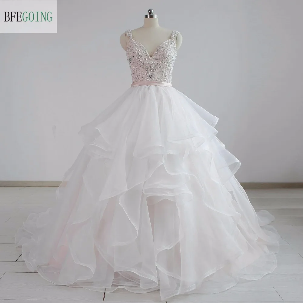 

Ivory Tulle A-line Wedding Dress Chapel Train V-Neck Spaghetti Straps Beading Embroidery Real/Original Photos Custom made