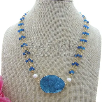 

N092510 18" 3 Strands White Pearl Round Blue Stone Necklace Druzy Pendant