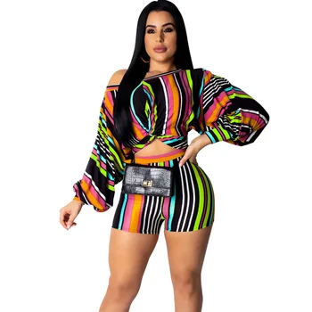 

Long Sleeve Stripe Print Sexy Two Piece Set Crop Top and Shorts Woman Fashion 2019 Autumn Matching Sets Night Club Party Outfits
