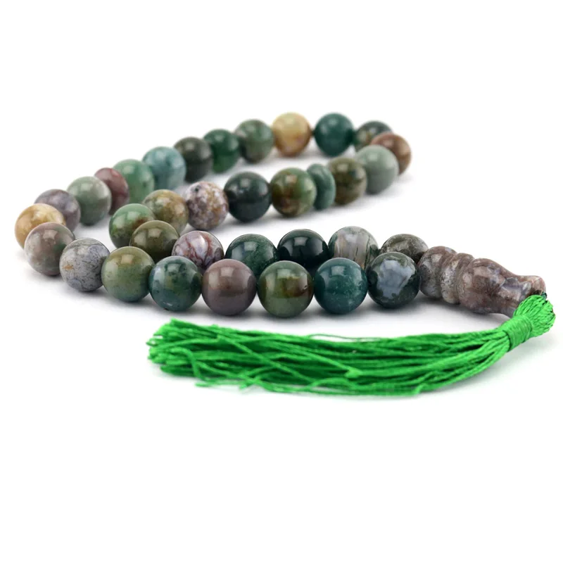 

Natural stone bracelet green round beads 33 beads Allah Muslim Tasbih Allah jade Indian agate beads bracelet tassel pendant