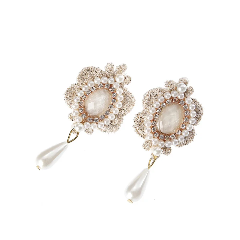TDQUEEN Dangle Drop Earrings Rhinestones Wedding Women Fashion Earrings Simulated Pearl French Lace Fabric Dangling Earring (3)