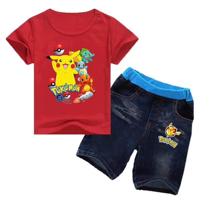 

Cotton New Summer Children's Clothes POKEMON GO Boys Girls Clotheing T-shirt+ Jeans Kids Costume Set Christmas Outfit