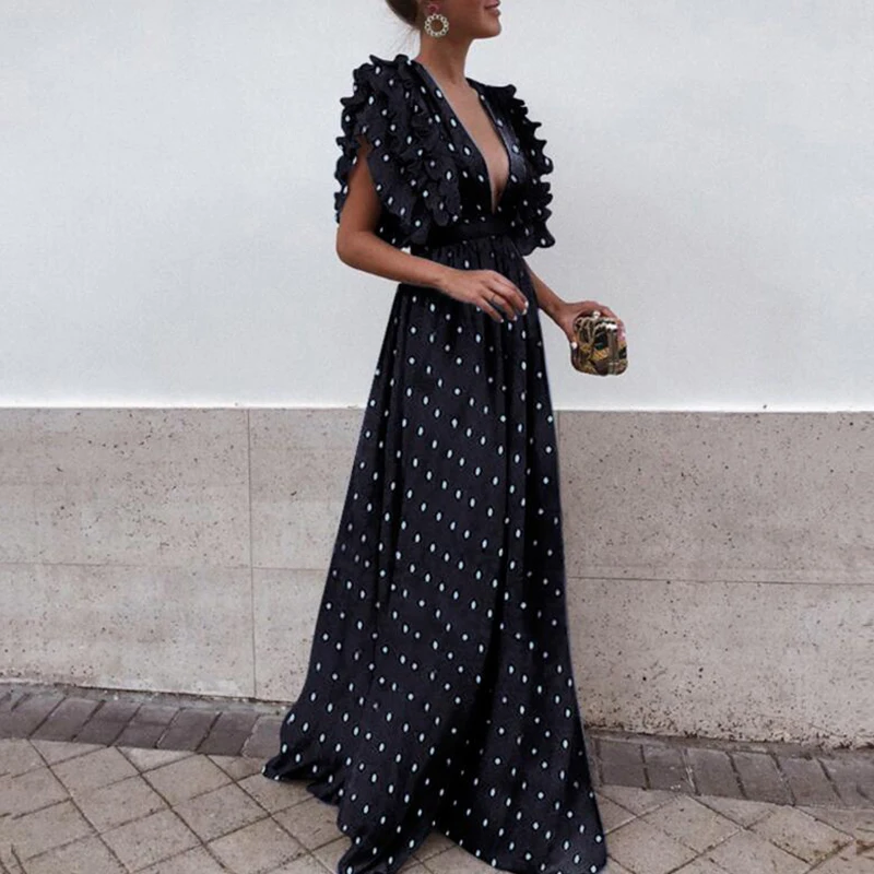 

Women's ruffled sleeves V-neck halter polka dot dress Fashion elegant sexy Polka dot party dress high quality temperament dress