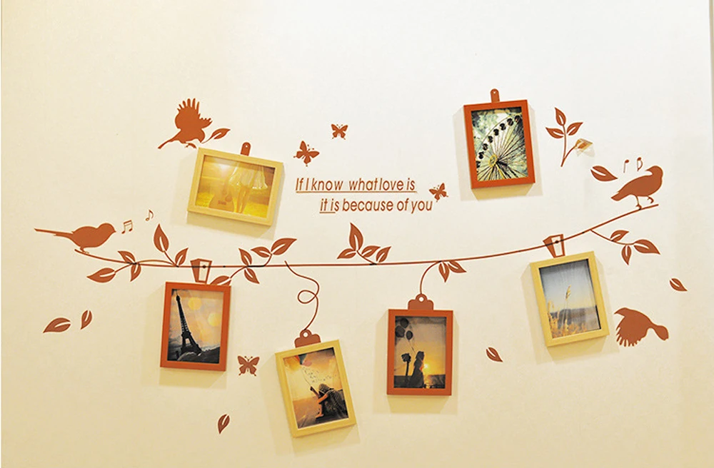 Creative Flower Vines and Birds Photo Picture Frame Wall Decals