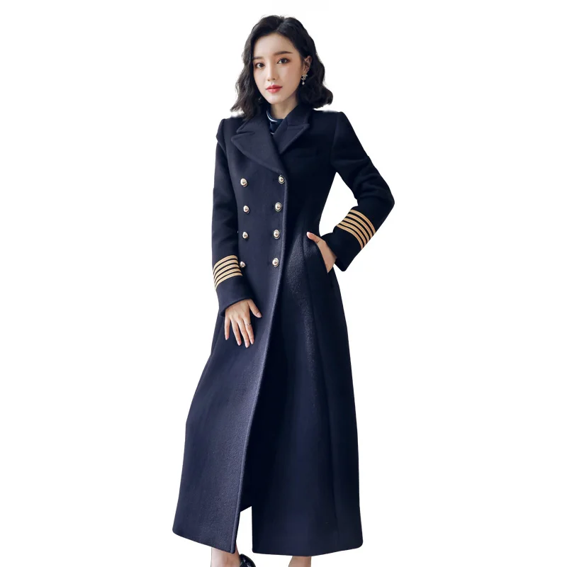Двубортное шерстяное Женское пальто в стиле милитари, зимнее утепленное женское Шерстяное теплое тонкое длинное кашемировое теплое шерстяное пальто s - Цвет: navy  blue