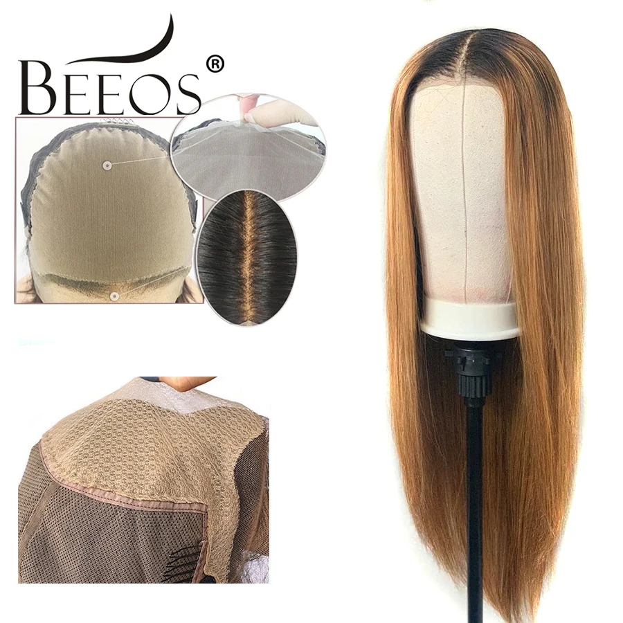 

Beeos TIB/27 Color Fake Scalp Cap 13*6 Lace Front Human Hair Wig Deep Part Brazilian Remy Wigs Bleached Knots Ombre Honey Blond