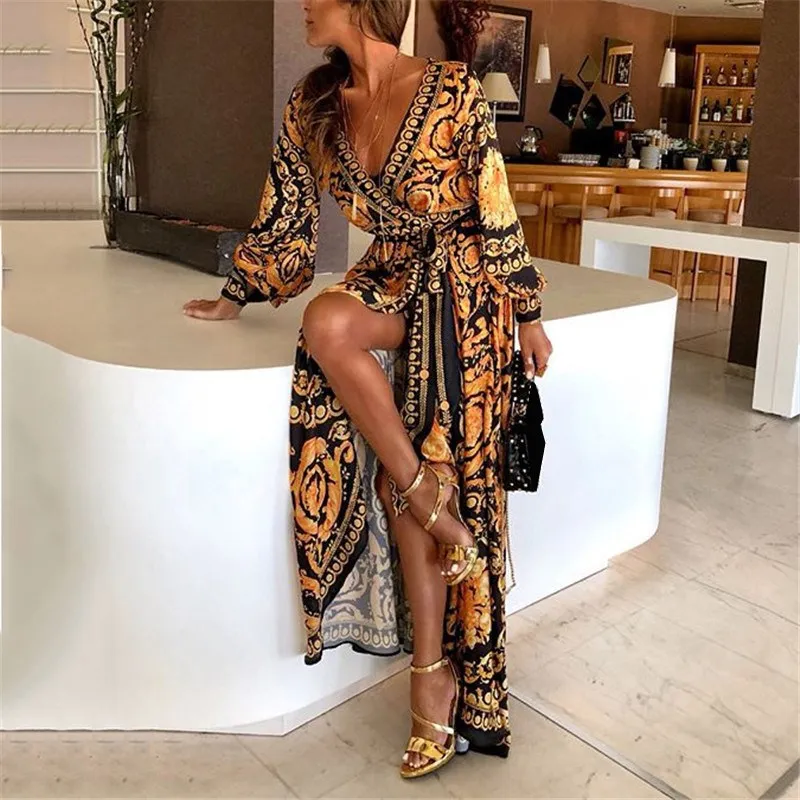

Women Autumn Fashion Print Dresses Vintage Sexy Maxi Dress Long Sleeve Elegant Party Dress