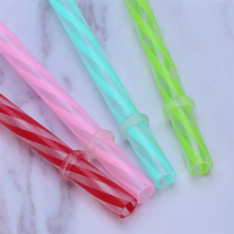 6pcs Two Colors Thread Pattern Reusable Plastic Thick Drinking Straws E&F 