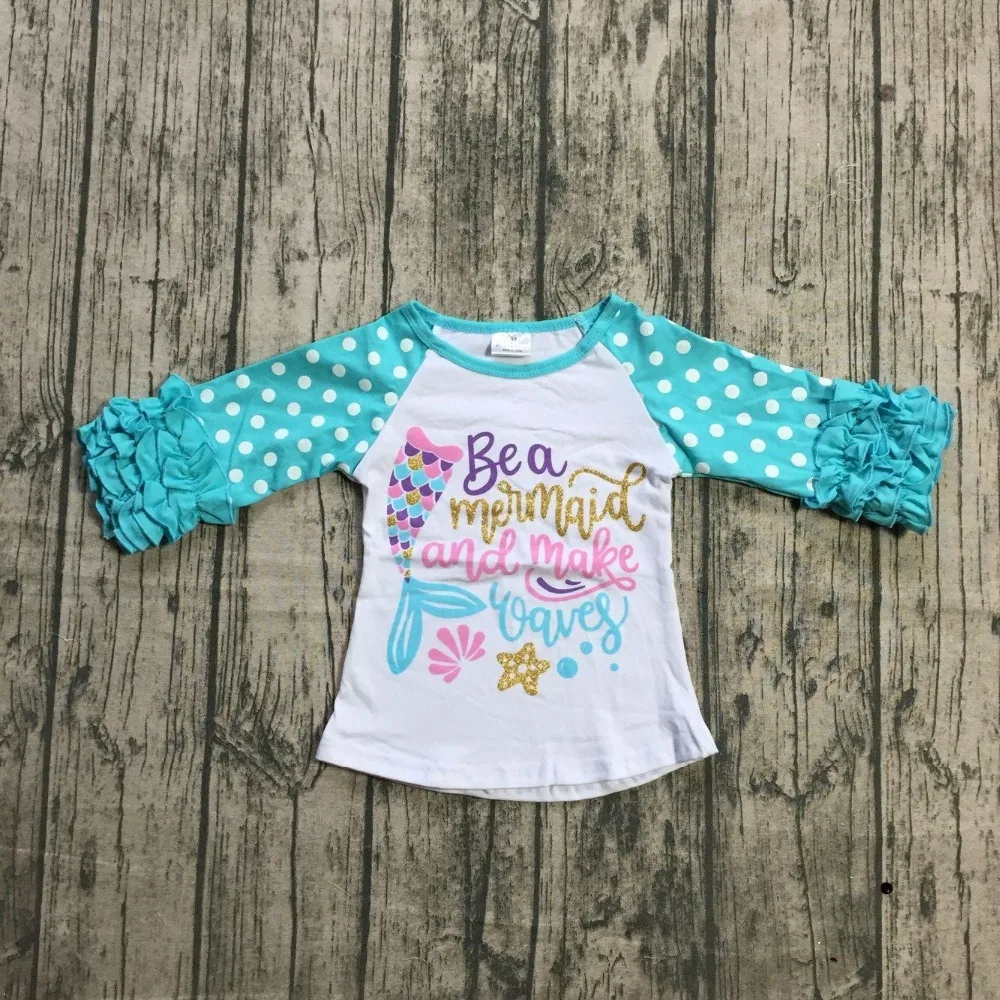 Бутик для маленьких девочек, три четверти, с рисунком русалки, с волнами, синий, белый топ, футболки, одежда из хлопка в горошек