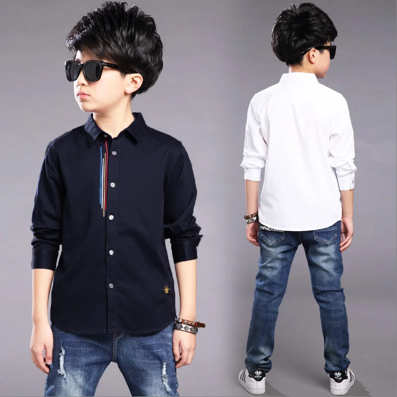 Коллекция года, детская одежда, весенне-осенние хлопковые блузки для мальчиков детская рубашка с длинными рукавами для мальчиков модная детская рубашка для детей возрастом от 5 до 14 лет, с отложным воротником