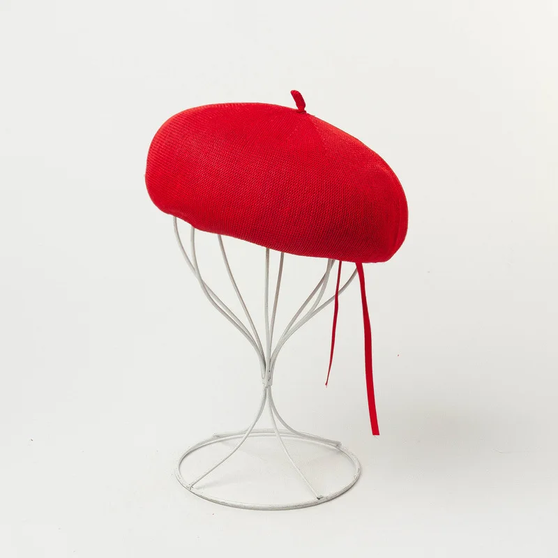 Летняя Повседневная простая дышащая лента на шнурке, регулируемый вязаный берет живописца, шляпа, женская розовая шляпа с помпоном, горячая художественная французская шляпа - Цвет: Red