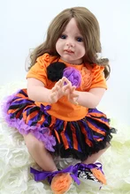 60CM silicone reborn dolls real girl brown long hair fashion dress blue eyes baby toddler dolls girls toys gift bonecas