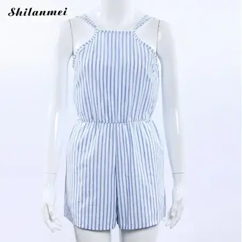 

Casual Playsuits Women 2019 Summer Playsuit Striped Blue Print Backless Spaghetti Strap Sexy Jumpsuit Beach Short Jumpsuit