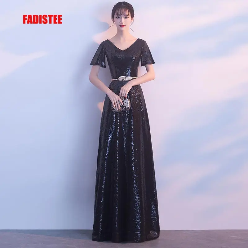 FADISTEE/осеннее блестящее милое вечернее платье с v-образным вырезом, длинное черное платье, простое платье, сексуальное платье с расклешенными рукавами