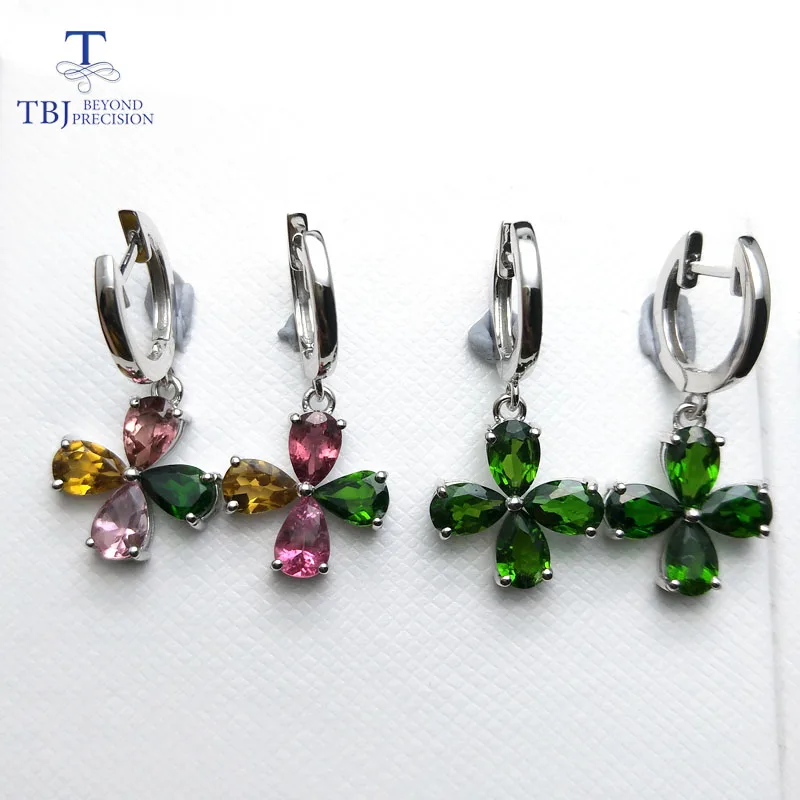 

TBJ, Natural Multi Tourmaline diopside flower gemstone clasp earring in 925 sterling silver fine jewelry for girls best gift