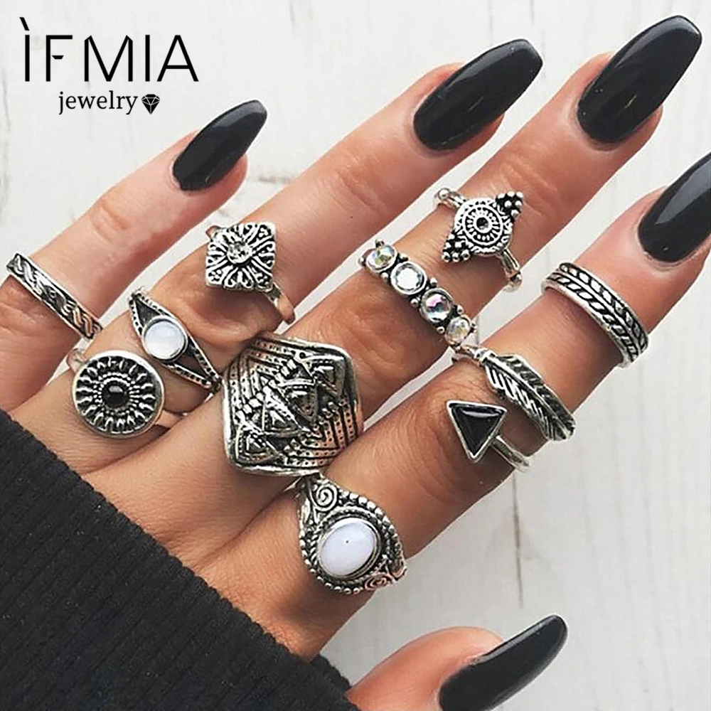 

IFMIA Fashion Leaf Stone Ring MIDI Sets Vintage Crystal OPAL Knuckle Rings for Women New Punk Rings Women Statement Jewelry 2018