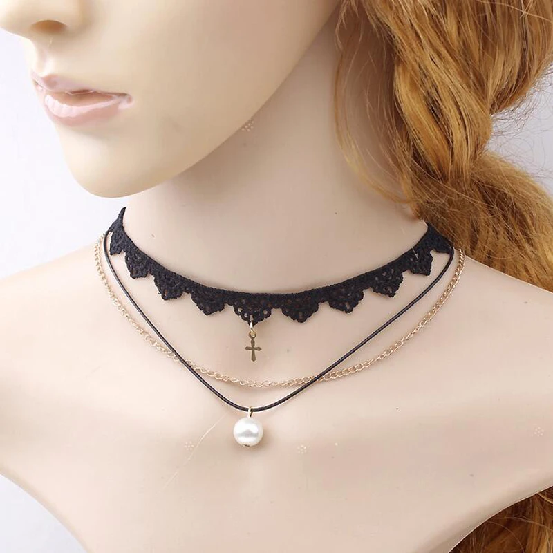 JINGLANG Lace Rope Chain Dangle Cross Chokers Necklace Pearl Charms
