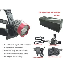 Gift box & Bicycle Light HeadLight headlamp BicycleLight Front Light bike 2000lm XM-L T6+8.4v 18650 Battery Pack+EU/US Charger