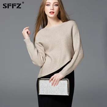 

SFFZ Wool Blend Knitted Sweaters Pullover Women Sweater O-Neck Irregular Hem Loose Casual Woman Short Jumper Basic Tops