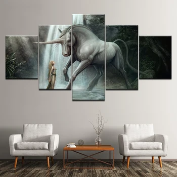 

Canvas Poster Living Room Home Decor Wall Art 5 Piece beauty and Unicorn Horse Paintings HD Prints Abstract Pictures Framework