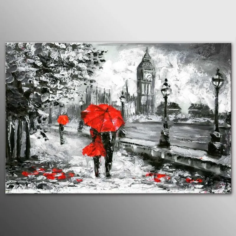 DIY холст в рамке картина маслом Landon Walk Lovers In Red Umbrella Декор для комнаты городской