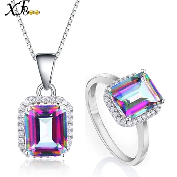 

XF800 925 Silver Natural Gemstone Jewelry Sets For Women Fine Jewelry Crystal Topaz Ring Necklace Pendant Gift Vintage XFT237DJ