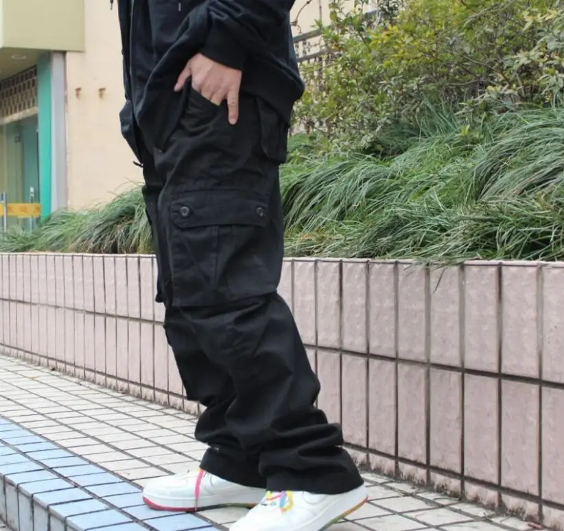 New Casual Big Pockets Cargo Pants Men Cotton Joggers Loose Baggy Hip Hop Pants black khaki and Arm