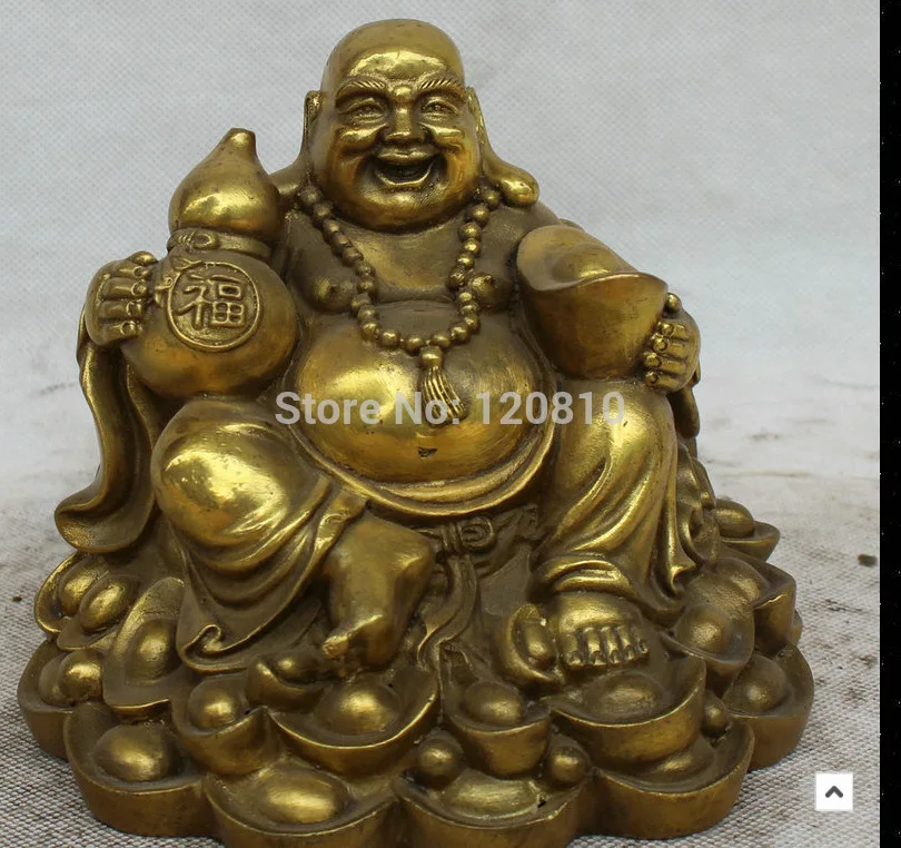 

6" Chinese Buddhism Brass Wealth Fu cucurbit Happy Laugh Maitreya Buddha Statue