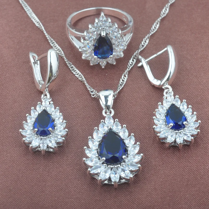 

925 Sterling Silver Jewelry Set Natura Water Drop Blue Zircon Wedding Jewelry Necklace Pendant Earrings Ring TZ0394
