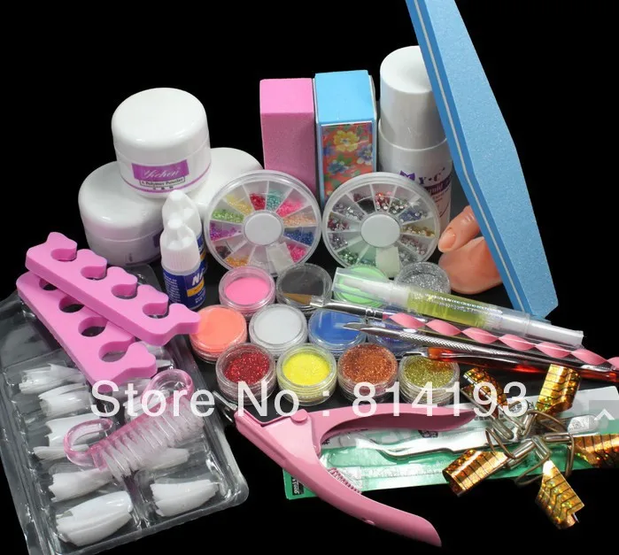 

Nail Art Set crytal Acrylic Liquid Glitter Powder File Brush Form Tips Tools DIY Kit