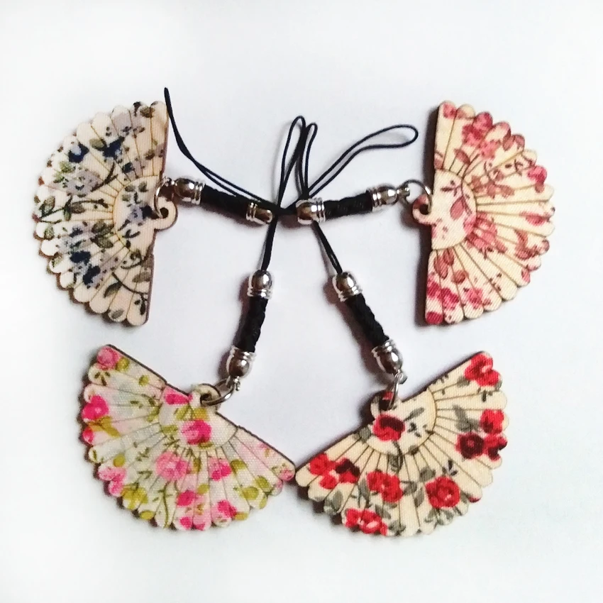 12pcs Colorful Paste Cloth Printing Wood Fan Key Chain Mini Key Chain