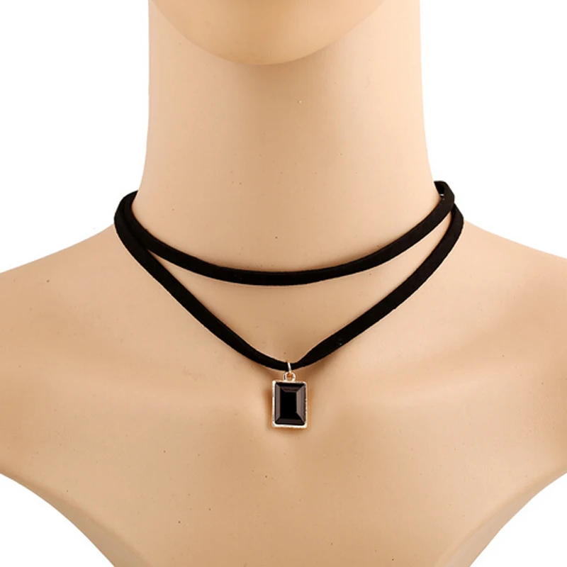 Crystal Pendant Double Strand Leather Choker