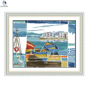 

JoySunday DIY cross stitch kits needlework Seaside scenery 2 Boat Garden 14CT 11CT cotton painting gift art factory wholesale