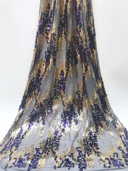 

African Net Sequins Laces 5 yards Latest Nigerian Laces 2019 Royal Blue Gold Sequins Fabric For Sewing Dress Tulle Lace Fabric