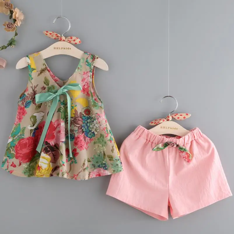 Bear Leader/Одежда для девочек; коллекция года; Модные Летние Стильные комплекты одежды для девочек; жилет без рукавов с цветочным принтом+ шорты; Детский костюм - Цвет: Розовый