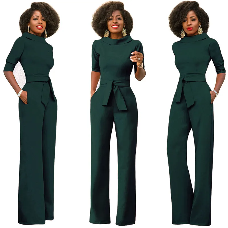 Elegant Office Business Formal Jumpsuits for Women with Pockets and Half Sleeves - Wide Leg Pants Romper Fashion Overalls with Sashes image 4