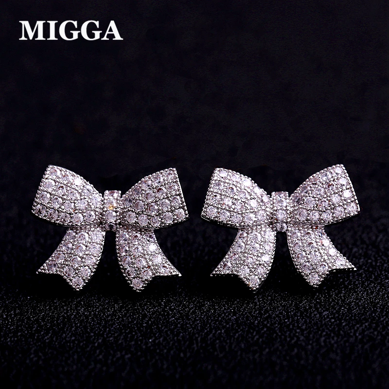 

MIGGA Elegant Full Cubic Zirconia Paved Bowknot Stud Earrings for Women 925 Sterling Silver Needle Studs