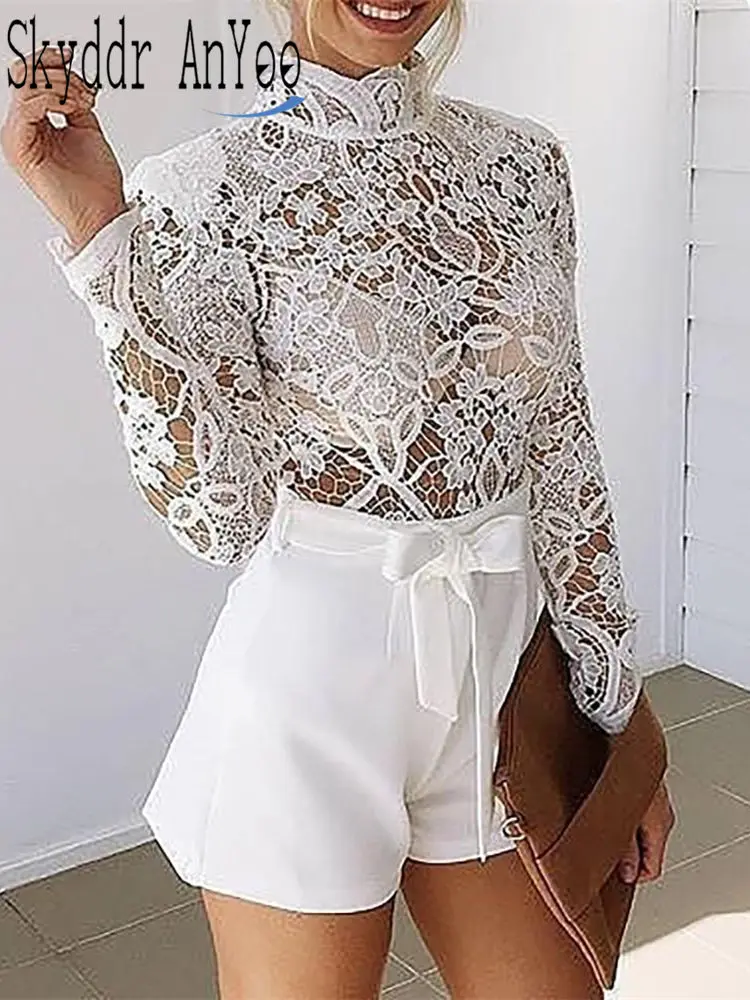 

Women Summer One Piece Sexy White Jumpsuit Hollow Out Lace Shorts Bodysuit Long Sleeve Casual Female Romper 2019 Woman Clothes