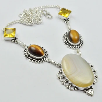 

Botswana Agates & Tiger eye & Citrines Necklace Silver Overlay over Copper, 49cm , N2802