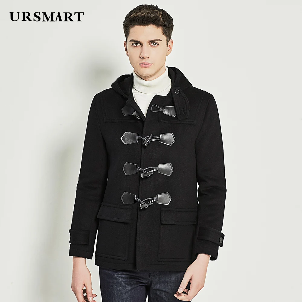 URSMART Authentic wool coat men's short cap men's coat casual ox horn ...