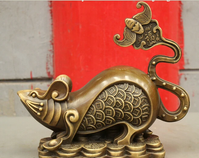 

wholesale factory 10 Folk Chinese Pure Bronze Copper Animal Fu BAT 100 Coin Mouse Statue Sculpture