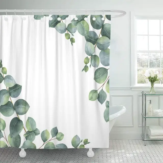 Fabric Shower Curtain with Hooks Watercolor Hand Green Floral with