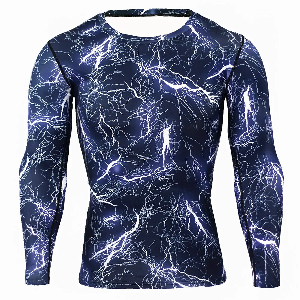 Blue zigzag Men's Tights Running T shirts Long Sleeves (2)